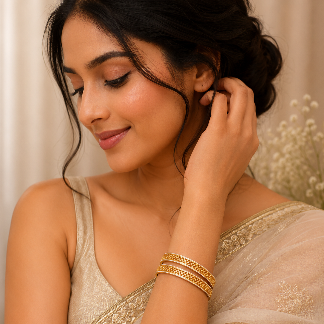 Gold-Plated Textured Bangle Set of 2 for Women with Dual-Tone Design | The Mirage Fashion