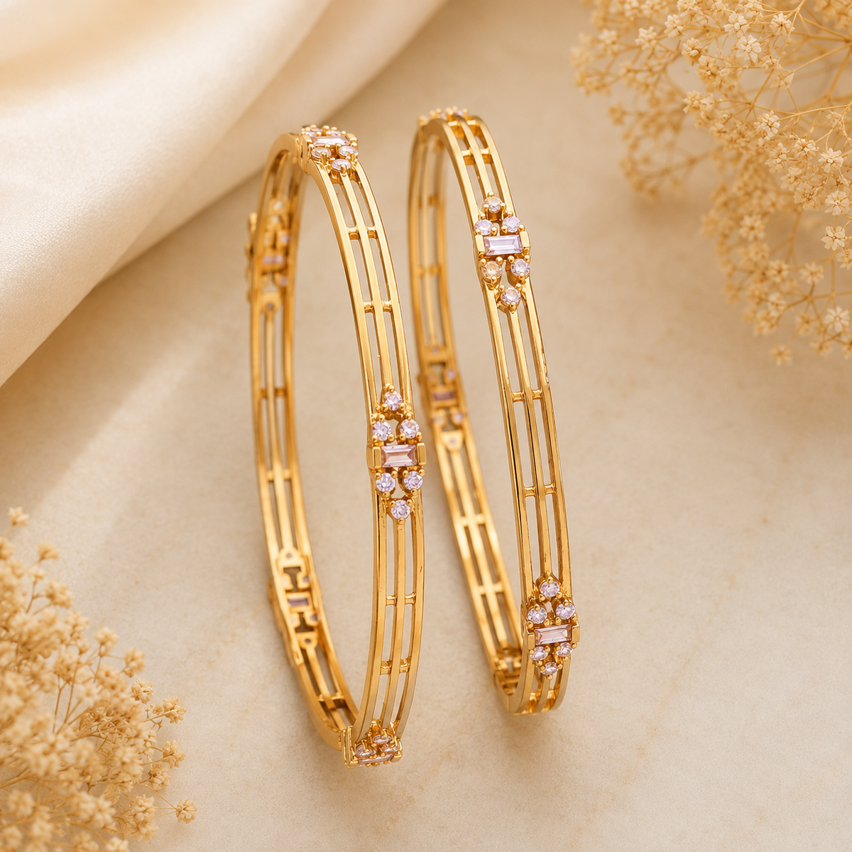 The Mirage Fashion Gold Plated American Diamond Bangles for Women | Elegant Designer Bangle Set (Pair)