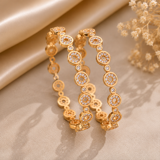 Gold Plated American Diamond Designer Bangles with Circular CZ Stone Motifs for Women | The Mirage Fashion