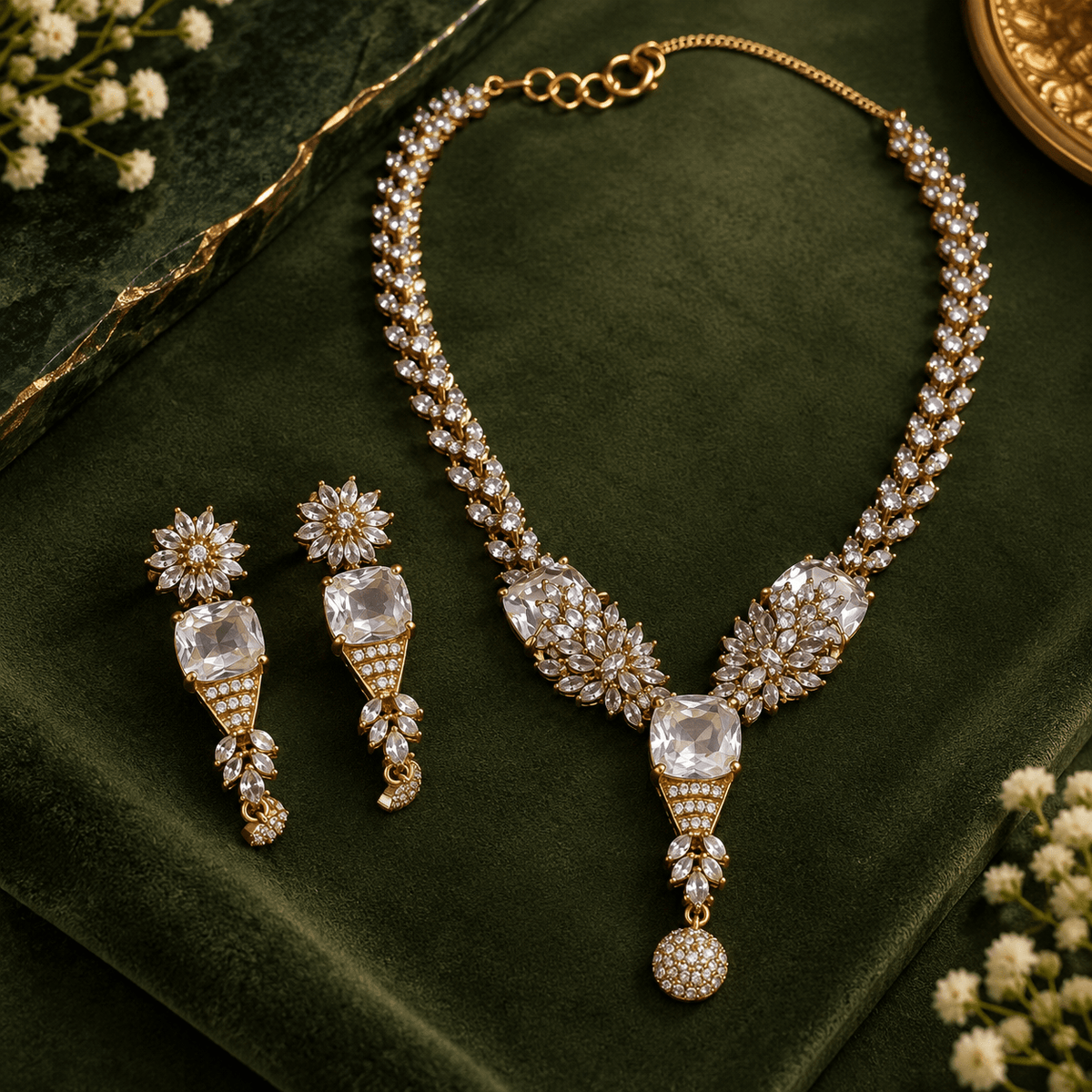 Floral crystal necklace with square-cut clear stones, gold-tone detailing and matching drop earrings in Mehendi finish