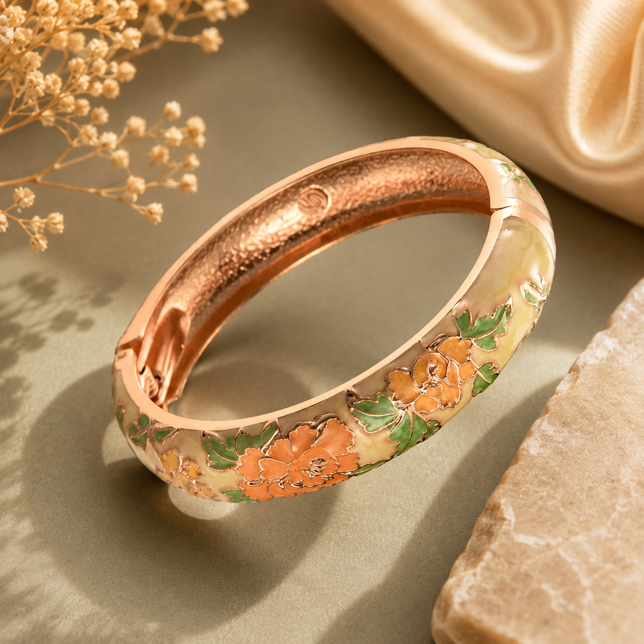 Gold floral Meenakari kada for women with green and peach enamel detailing