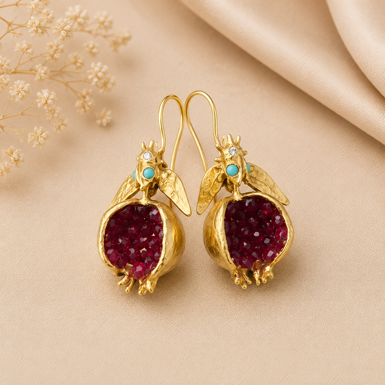 Gold Pomegranate Crystal Drop Earrings