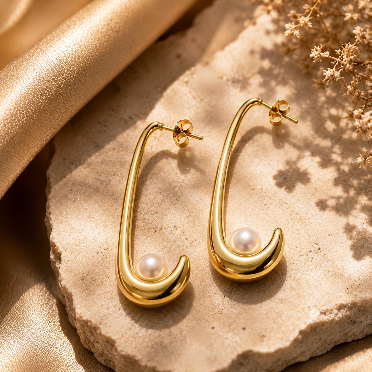 Gold crescent drop earrings with pearl for wome