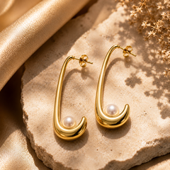 Gold crescent drop earrings with pearl for wome