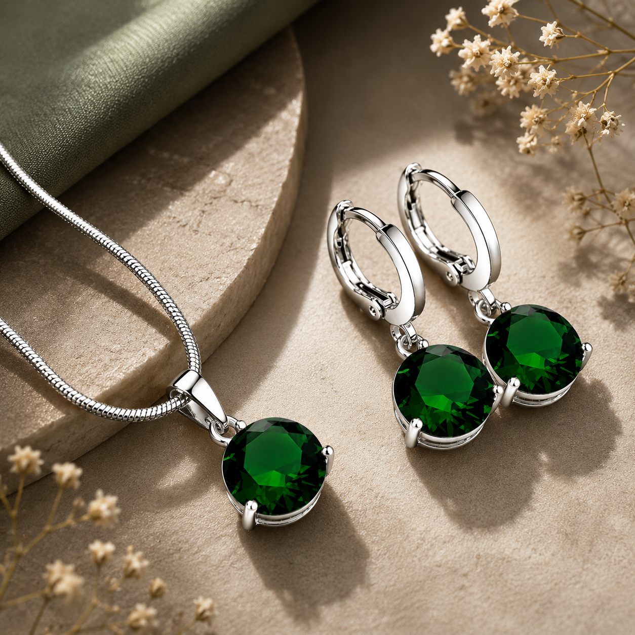 Green crystal pendant necklace and matching earrings set for women