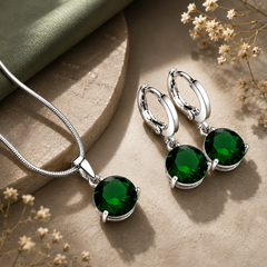 Green crystal pendant necklace and matching earrings set for women