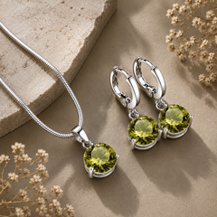 Round Crystal Pendant Necklace & Hoop Earrings Set for Women – Elegant Statement Jewelry Set