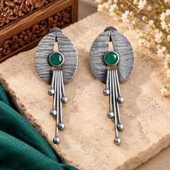 Hammered Silver Emerald Drop Earrings with Long Bar Tassels | The Mirage Fashion