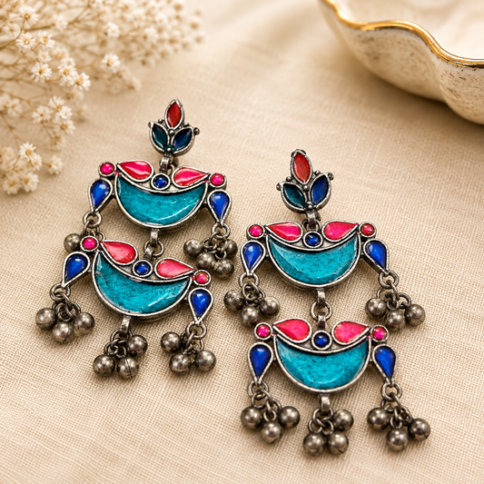 Handcrafted Afghani Meenakari Silver Earrings – Multicolor Tribal Dangle Earrings with Ghungroo Drops  The Mirage Fashion