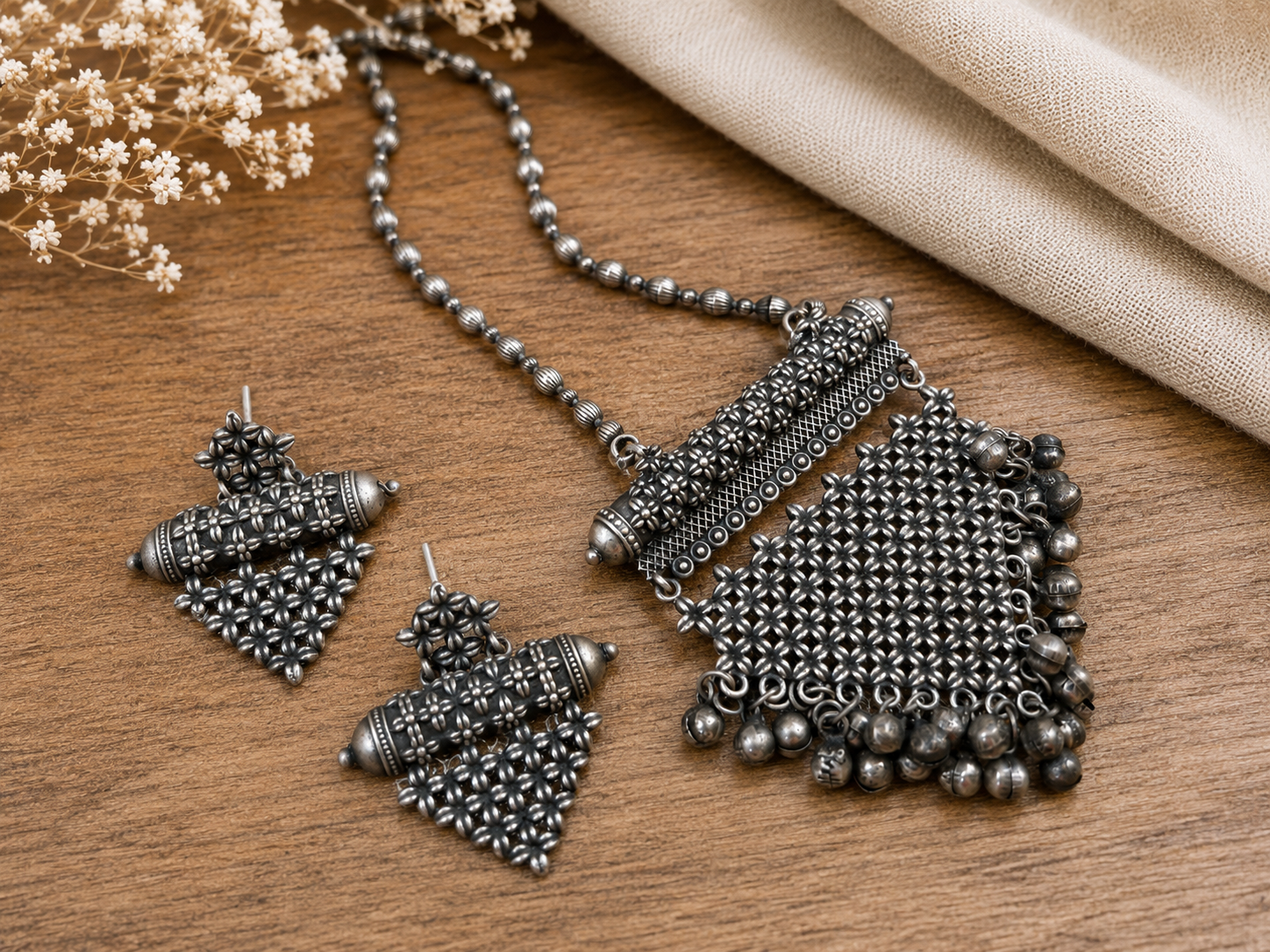 Handcrafted Oxidized Silver Necklace Set with Matching Earrings – Traditional Tribal Statement Jewelry for Women  The Mirage Fashion 
