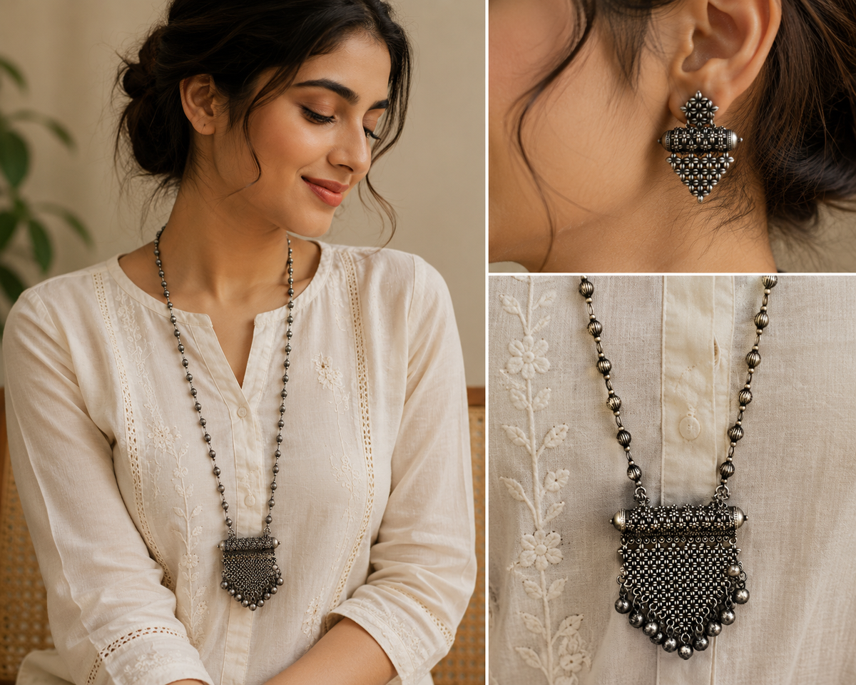 Handcrafted Oxidized Silver Necklace Set with Matching Earrings – Traditional Tribal Statement Jewelry for Women | The Mirage Fashion