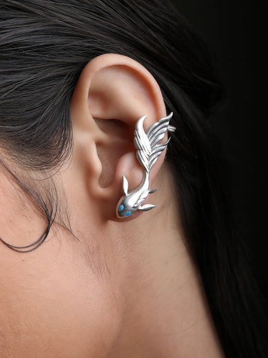 Koi Whisperer Oxidized Silver Fish Drop   Ear Cuff Earrings
