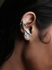 Koi Whisperer Oxidized Silver Fish Drop   Ear Cuff Earrings