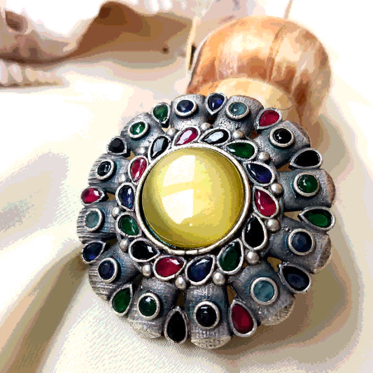 Mirage -  Beautiful Big Oxidized Ring With Round Big Yellow Monalisa Stone with colorful stone around.