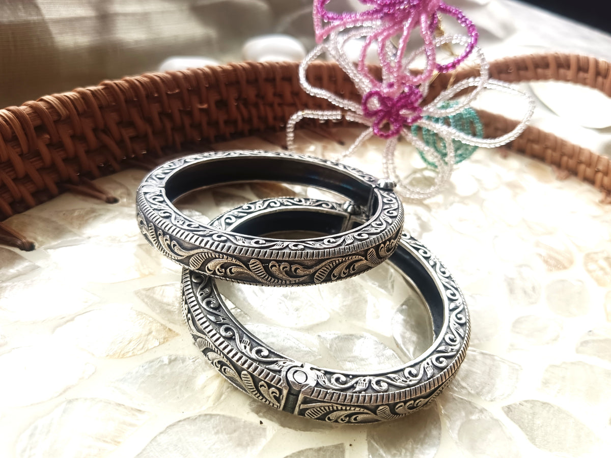 Antique Oxidized Floral Carved Bangles – Traditional Ethnic Jewelry  (Single Pic)