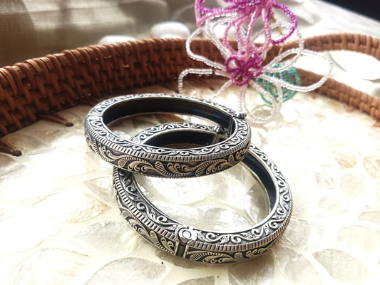 Antique Oxidized Floral Carved Bangles – Traditional Ethnic Jewelry  (Single Pic)