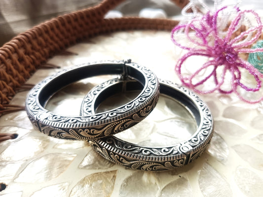 Antique Oxidized Floral Carved Bangles – Traditional Ethnic Jewelry  (Single Pic)