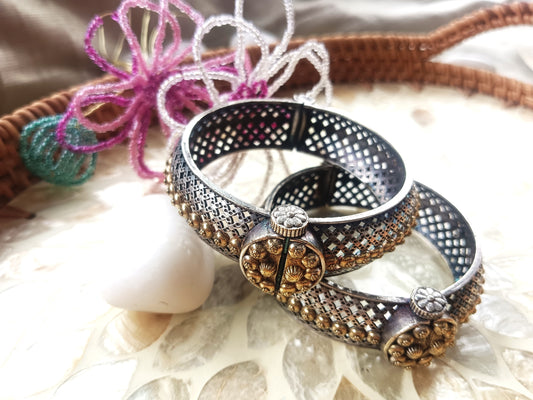 Elegant Antique-Style Oxidized Bangles with Golden Detailing  (Single Pic)