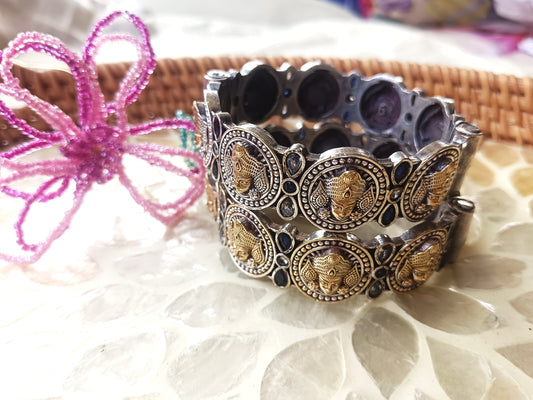 Antique Oxidized Temple Bangles with Ma Durga Carving  (Single Pic)