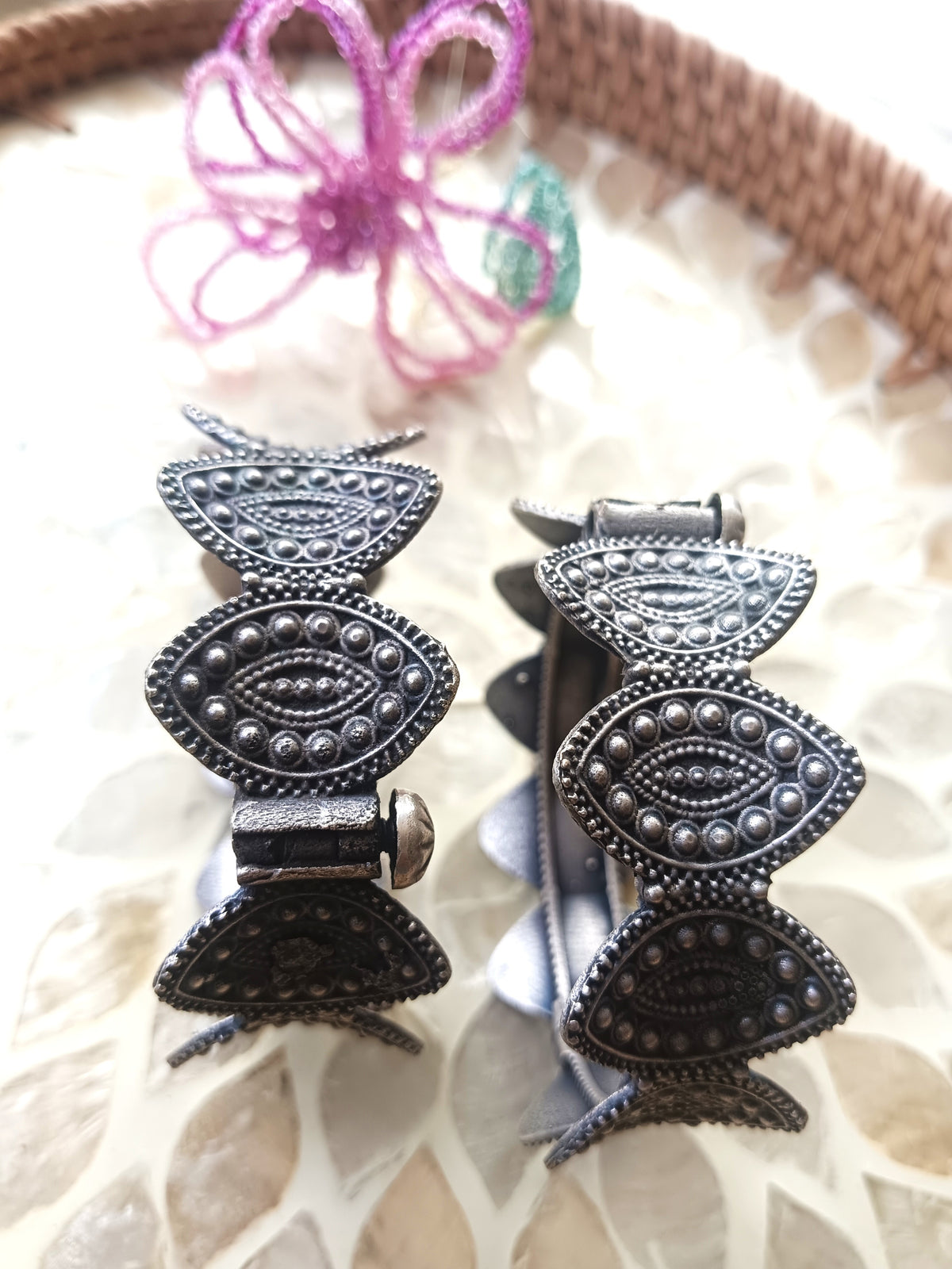 Antique Oxidized Tribal Pattern Bangles – Leaf & Eye Motif Design  (Single Pic)