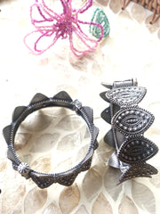 Antique Oxidized Tribal Pattern Bangles – Leaf & Eye Motif Design  (Single Pic)
