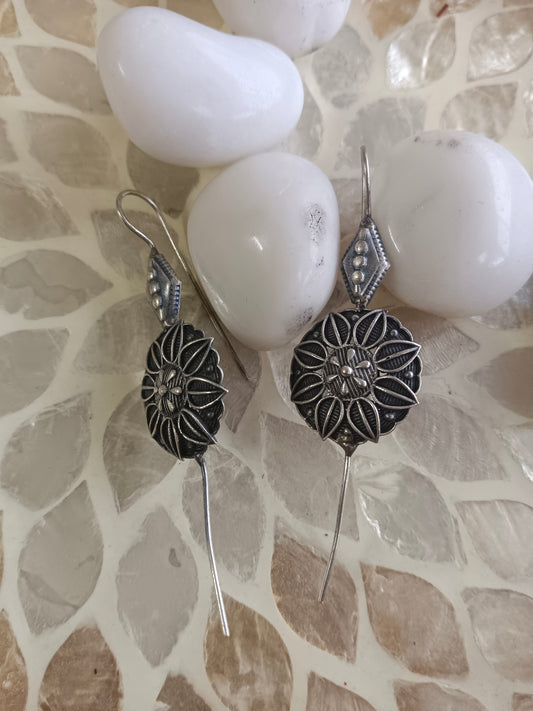 Oxidized Lotus Bloom Filigree Drop Ear Cuff Earrings