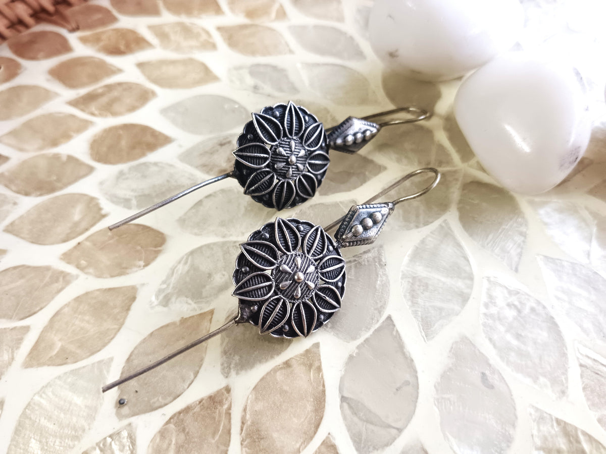 Oxidized Lotus Bloom Filigree Drop Ear Cuff Earrings