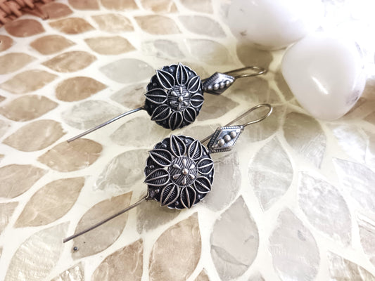 Oxidized Lotus Bloom Filigree Drop Ear Cuff Earrings