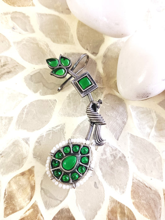 Verdant Peacock Oxidized Silver Drop Earrings  Cuff Earrings