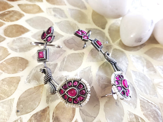 Verdant Peacock Oxidized Silver Drop Earrings  Pink Cuff Earrings