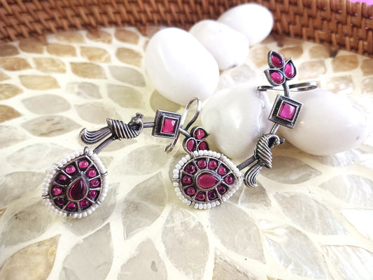 Verdant Peacock Oxidized Silver Drop Earrings  Pink Cuff Earrings