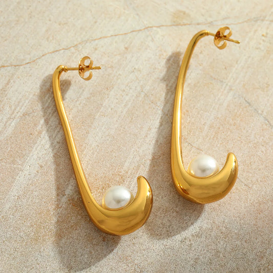 Gold Pearl Drop Earrings for Women | Minimal Curved Statement Jewelry – The Mirage Fashion