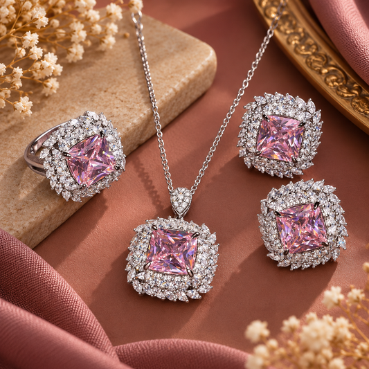 Blush Royale Pink Gemstone Necklace Set with Earrings & Ring | The Mirage Fashion