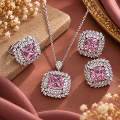 Blush Royale Pink Gemstone Necklace Set with Earrings & Ring | The Mirage Fashion