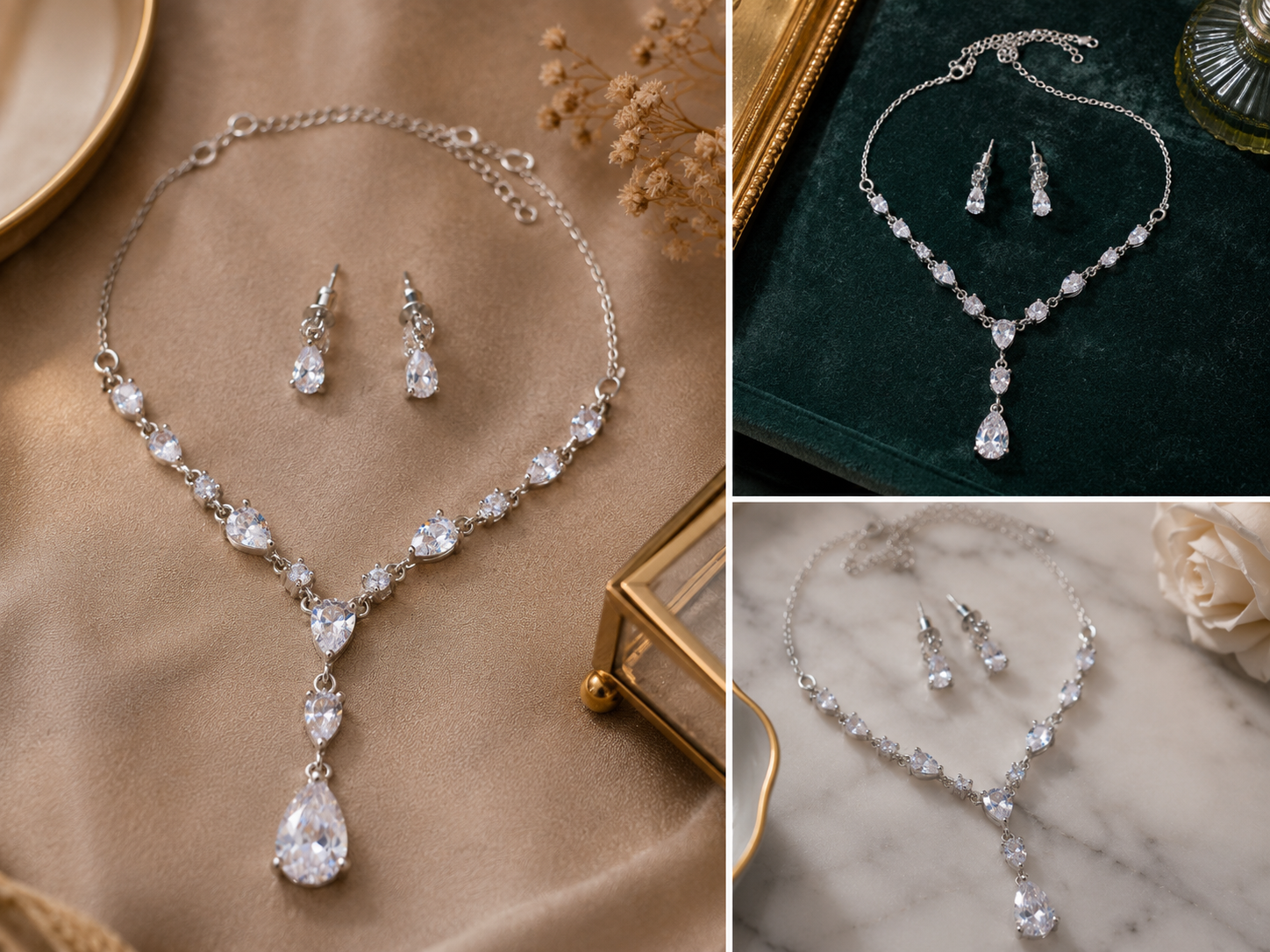 Luxury American Diamond necklace set with matching teardrop earrings for women, featuring sparkling CZ stones by The Mirage Fashion.