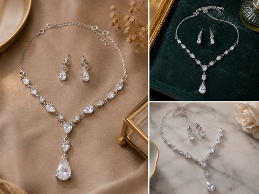 Luxury American Diamond necklace set with matching teardrop earrings for women, featuring sparkling CZ stones by The Mirage Fashion.
