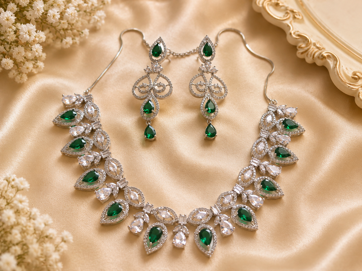 Luxury Emerald Green American Diamond Necklace Set for Women | Party Wear Jewelry – The Mirage Fashion