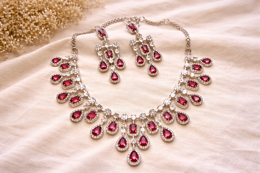 Luxury Ruby Red American Diamond Necklace Set for Women | Designer Bridal & Party Wear Jewelry – The Mirage Fashion 1