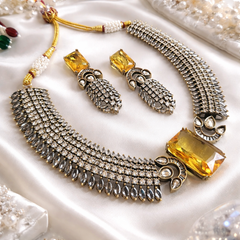 Luxury Yellow Stone Bridal Necklace Set with Earrings | Antique Gold Finish Statement Jewelry for Wedding & Party Wear