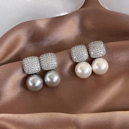 Mirage -Elegant Simple Style Geometric Square AD nano setting top with Pearl Drop Earrings