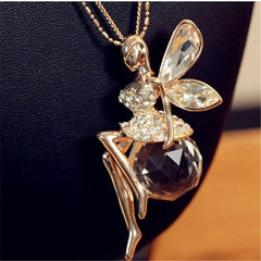 Crystal Angel Pendant Necklace for Women | Gold Tone Statement Necklace