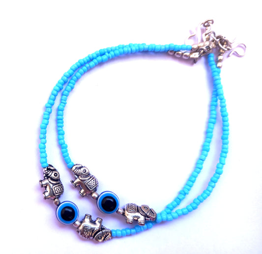 Mirage - Blue beads , evil eye and elephants anklets