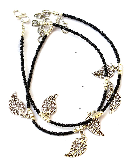 Mirage Black Bead Anklet With Silver Leaf