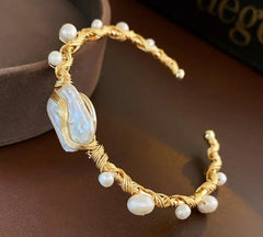 Handcrafted Pearl Wire Cuff Bracelet for Women | Gold-Tone Statement Open Bangle