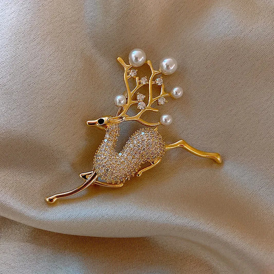 Mirage - Luxury Gold Reindeer Brooch with Crystal Pave & Pearl Antlers – Elegant Winter Holiday Pin