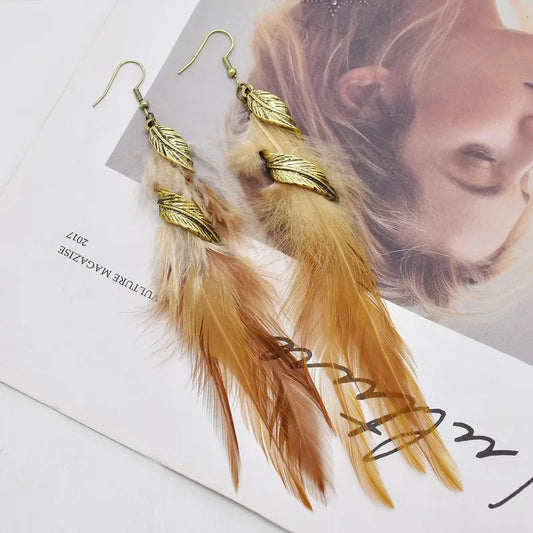 Mirage Long Feather Earrings Vintage Alloy Feather & Leaves Tassel Dangle Earrings