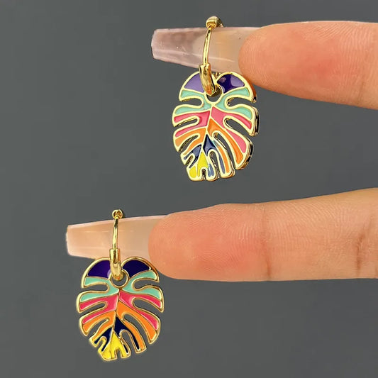 Mirage  Minimalist Hollow Leaf Palm Earrings- Gold Plated multi colour  Enamel Leaf Earrings for Girls & Women