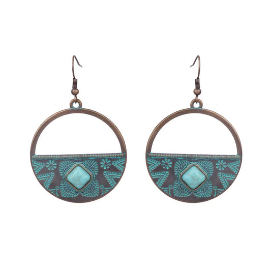 Mirage Hip-Hop Retro Round  Solid Color Inlay Alloy Turquoise Drop Earrings