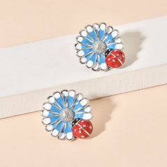 Cute Sweet Flower with ladybug  Enamel  Ear Studs