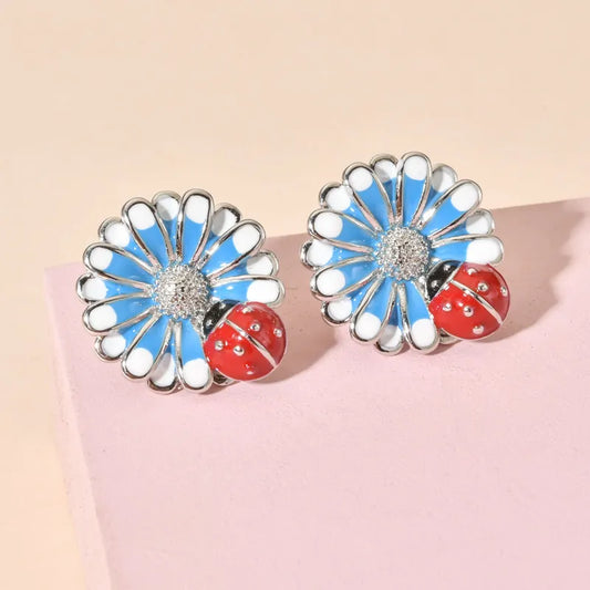 Cute Sweet Flower with ladybug  Enamel  Ear Studs